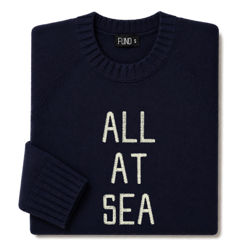 Made-in-England "All at Sea" Embroidered Jumper in Navy, folded