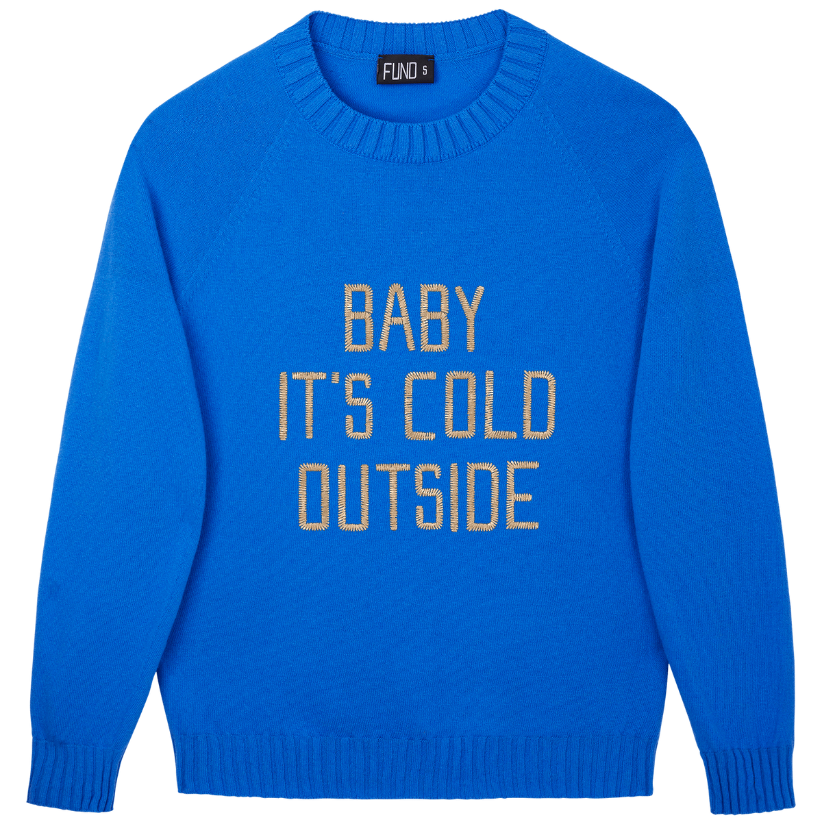 Made-in-England "Baby It's Cold Outside" Embroidered Jumper Bright Blue/Gold Archive Edit in Bright Blue