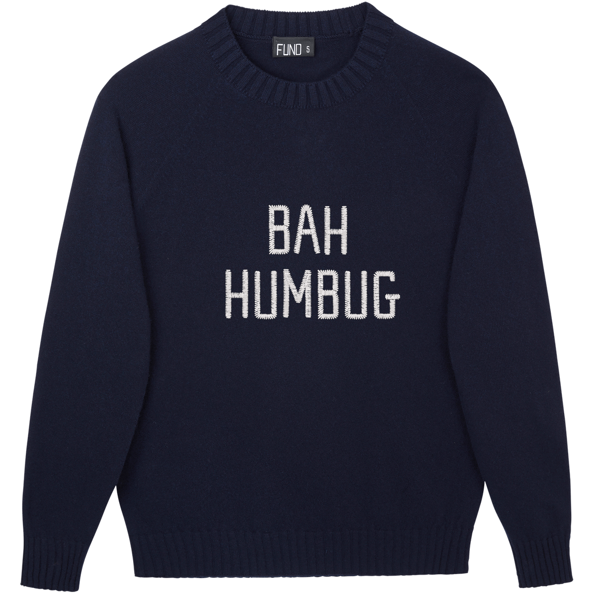 Made-in-England "Bah Humbug" Embroidered Christmas Jumper in Navy
