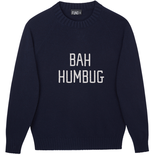 Made-in-England "Bah Humbug" Embroidered Christmas Jumper in Navy