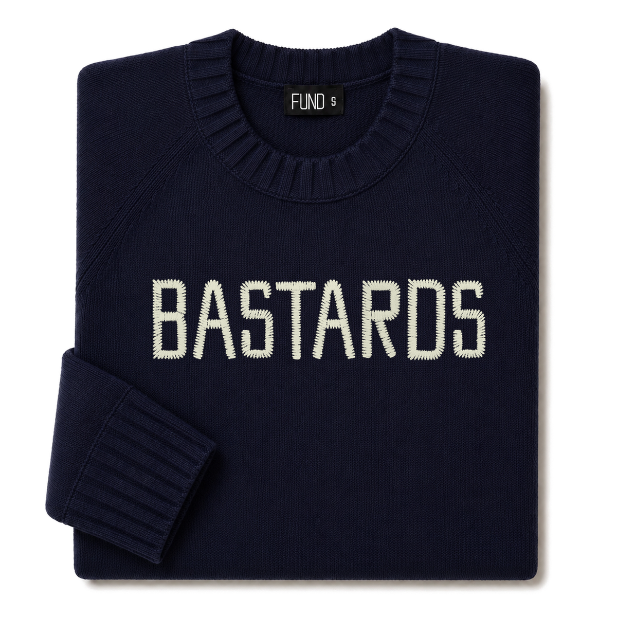Made-in-England "Bastards" Embroidered Jumper in Navy, folded