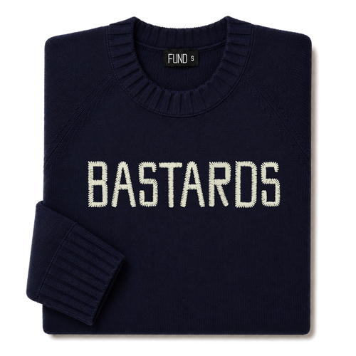 Made-in-England "Bastards" Embroidered Jumper in Navy, folded