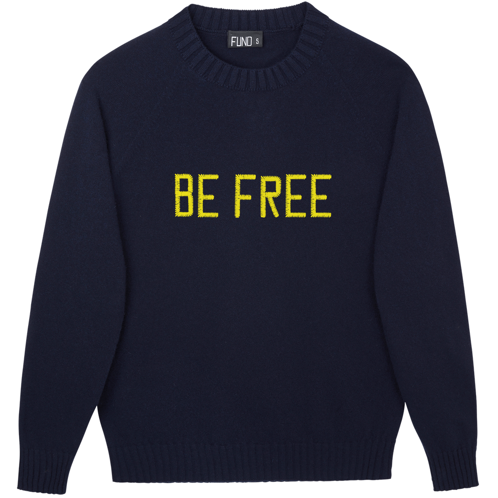 Made-in-England "Be Free" Embroidered Jumper Navy/Yellow Archive Edit in Navy