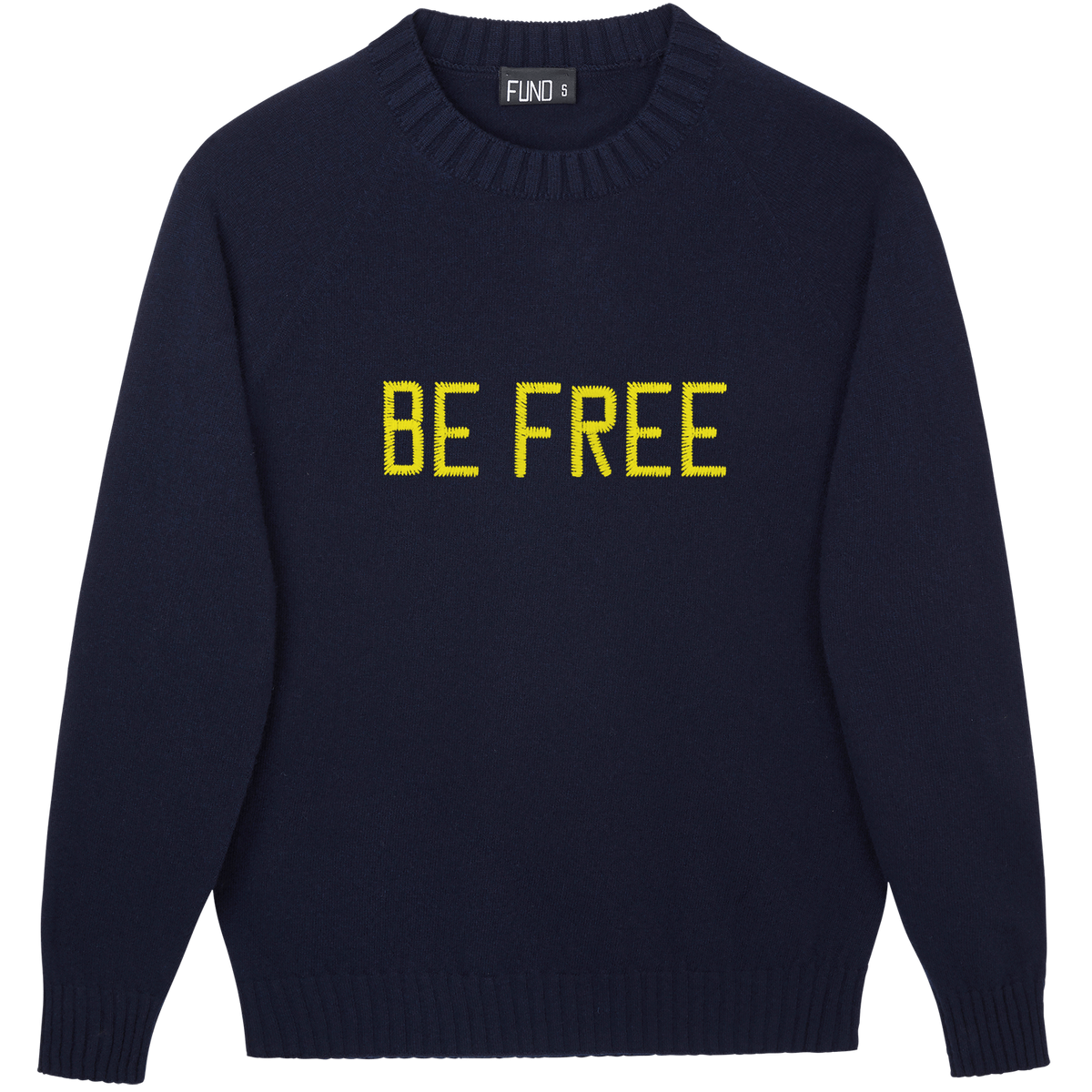 Made-in-England "Be Free" Embroidered Jumper Navy/Yellow Archive Edit in Navy