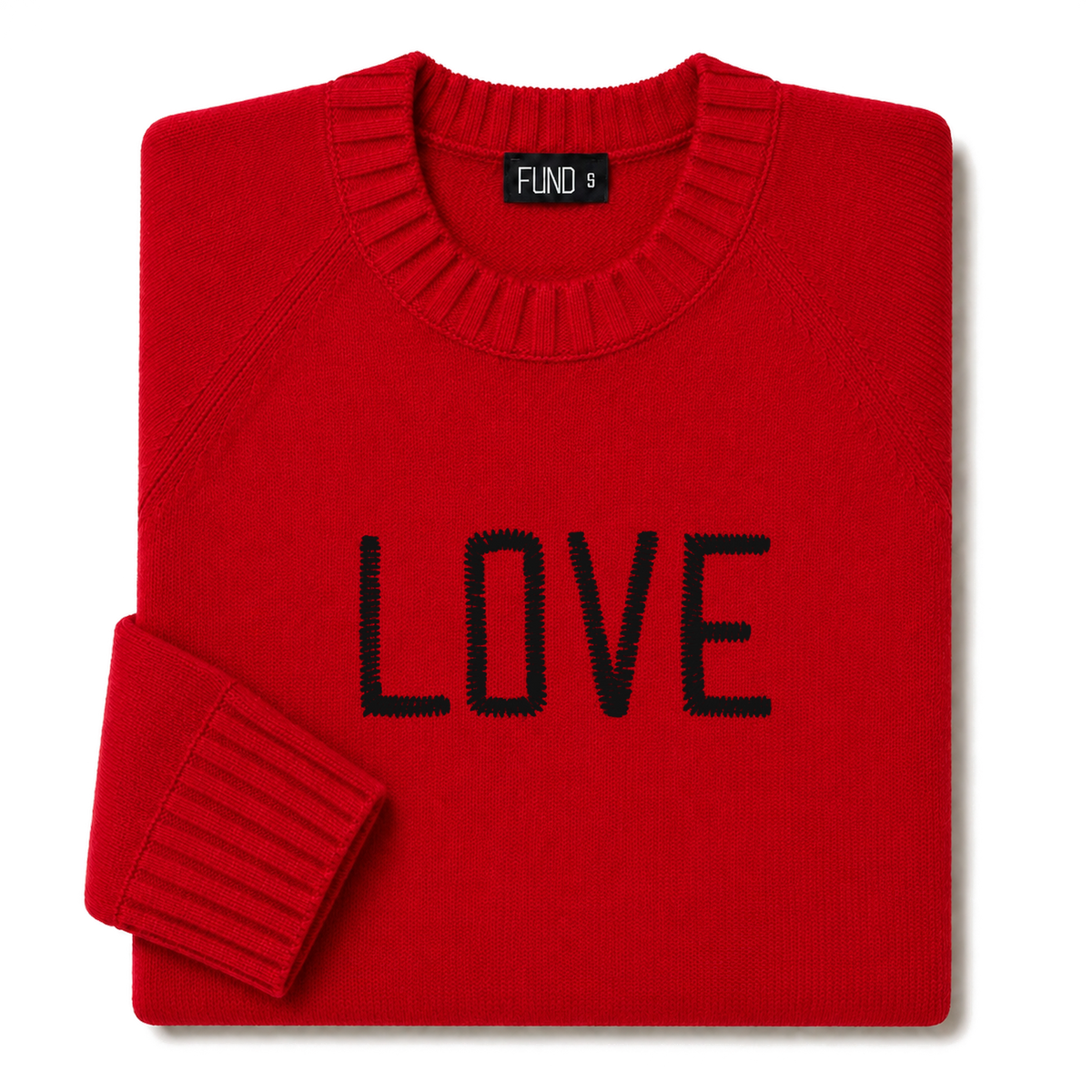 Made-in-England "Love" Embroidered Jumper in Red, folded
