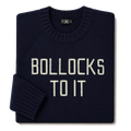 Made-in-England "Bollocks to It" Embroidered Jumper in Navy, folded