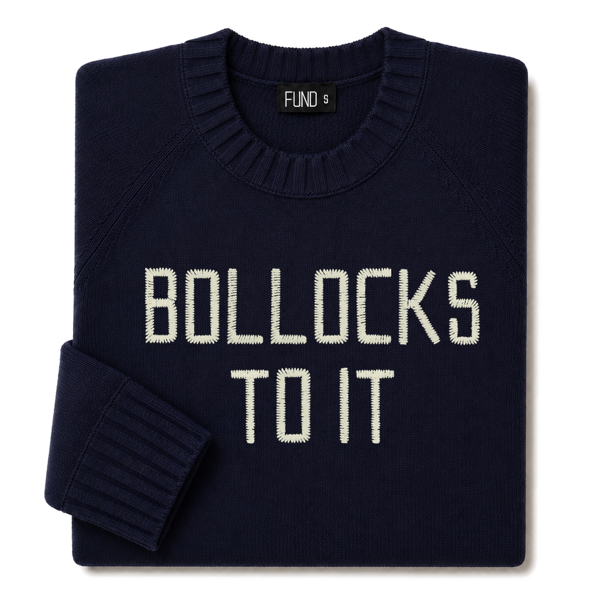 Made-in-England "Bollocks to It" Embroidered Jumper in Navy, folded