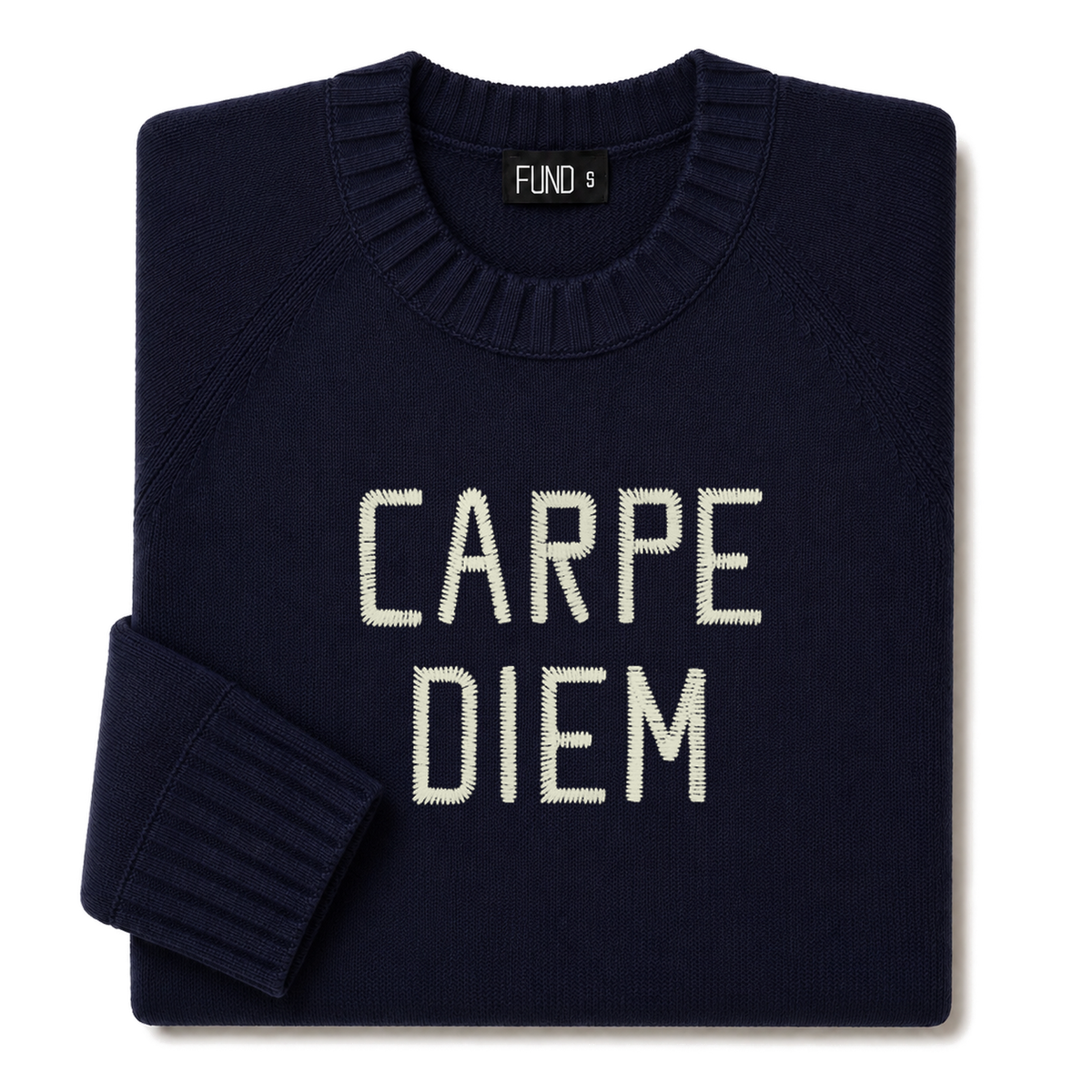 Made-in-England "Carpe Diem" Embroidered Jumper in Navy, folded