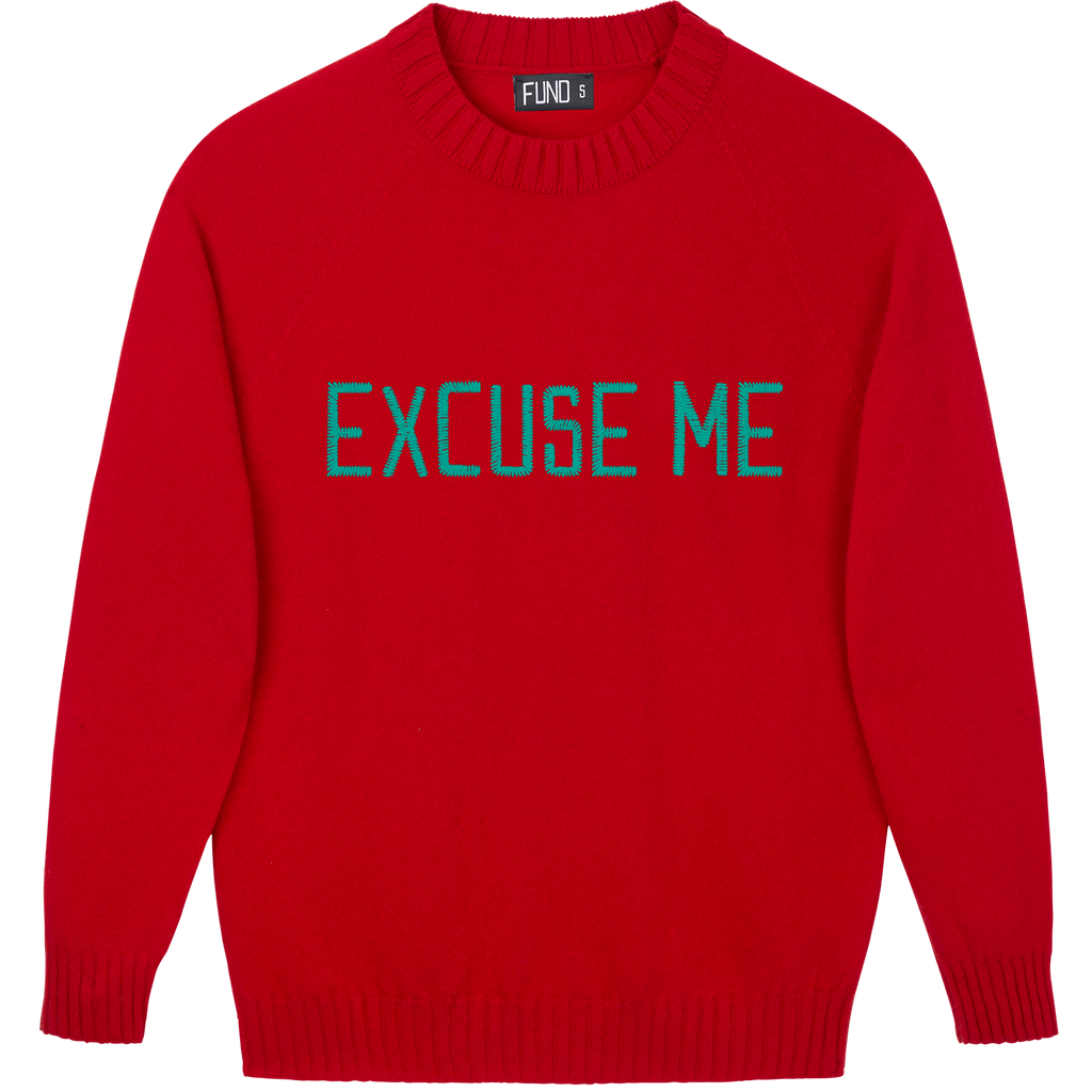 Made-in-England "Excuse Me" Embroidered Jumper Red/Turquoise Archive Edit in Red
