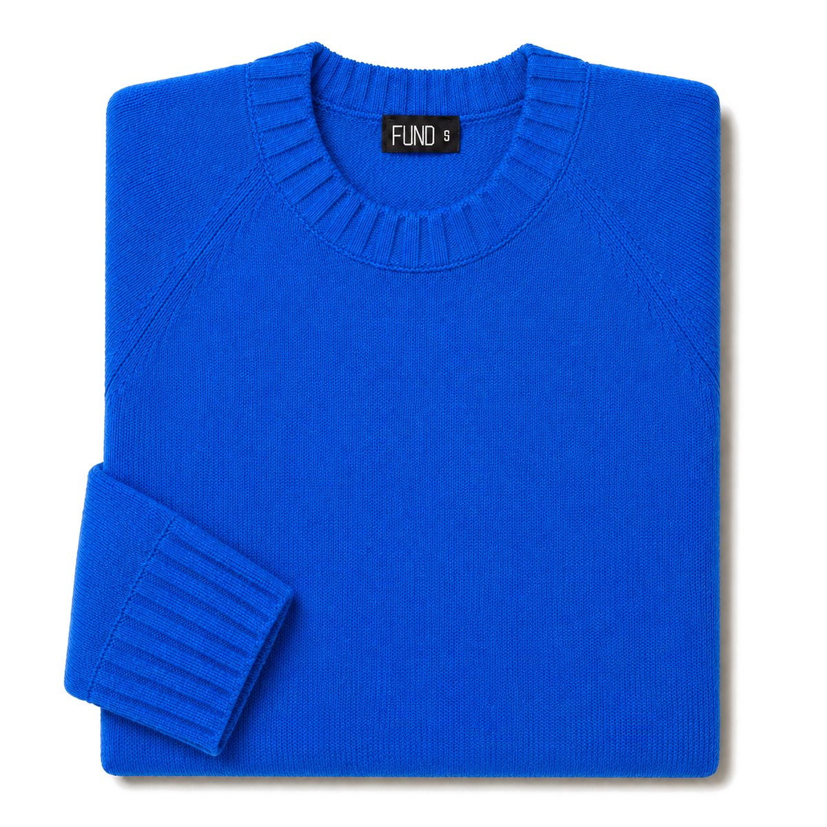 Made-in-England "Off Piste" Embroidered Christmas Jumper in Bright Blue, folded