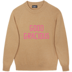 Made-in-England "Good Gracious" Embroidered Jumper Camel/Bright Pink Archive Edit in Camel