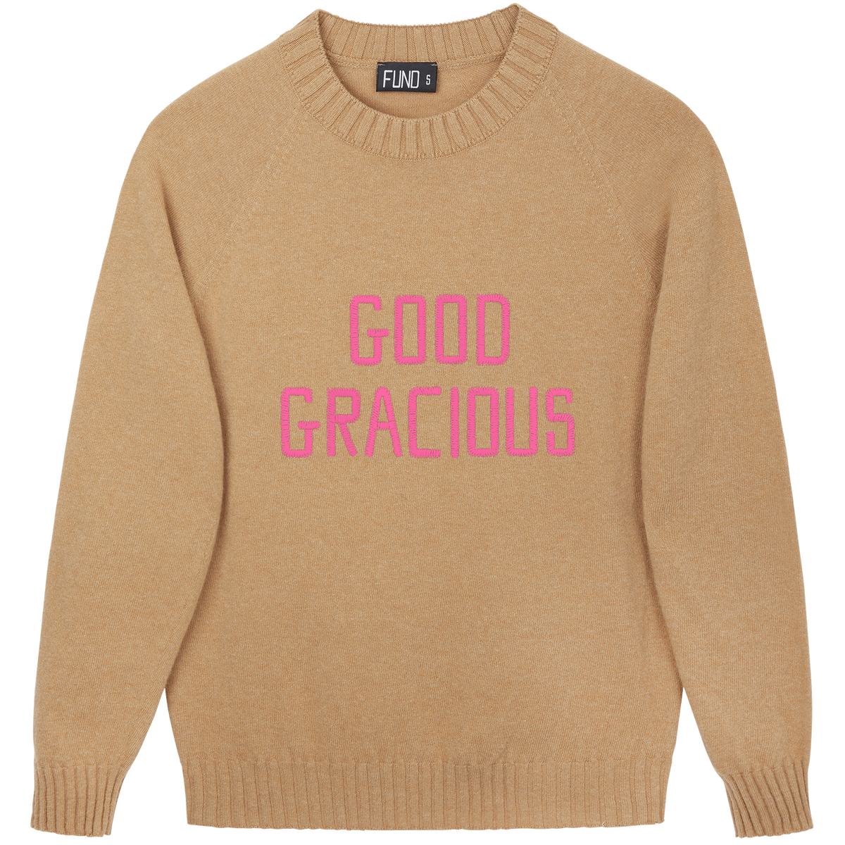 Made-in-England "Good Gracious" Embroidered Jumper Camel/Bright Pink Archive Edit in Camel