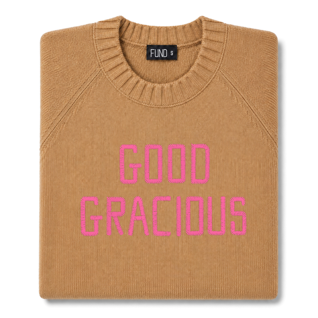 Made-in-England "Good Gracious" Embroidered Jumper Camel/Bright Pink Archive Edit