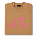 Made-in-England "Good Gracious" Embroidered Jumper Camel/Bright Pink Archive Edit