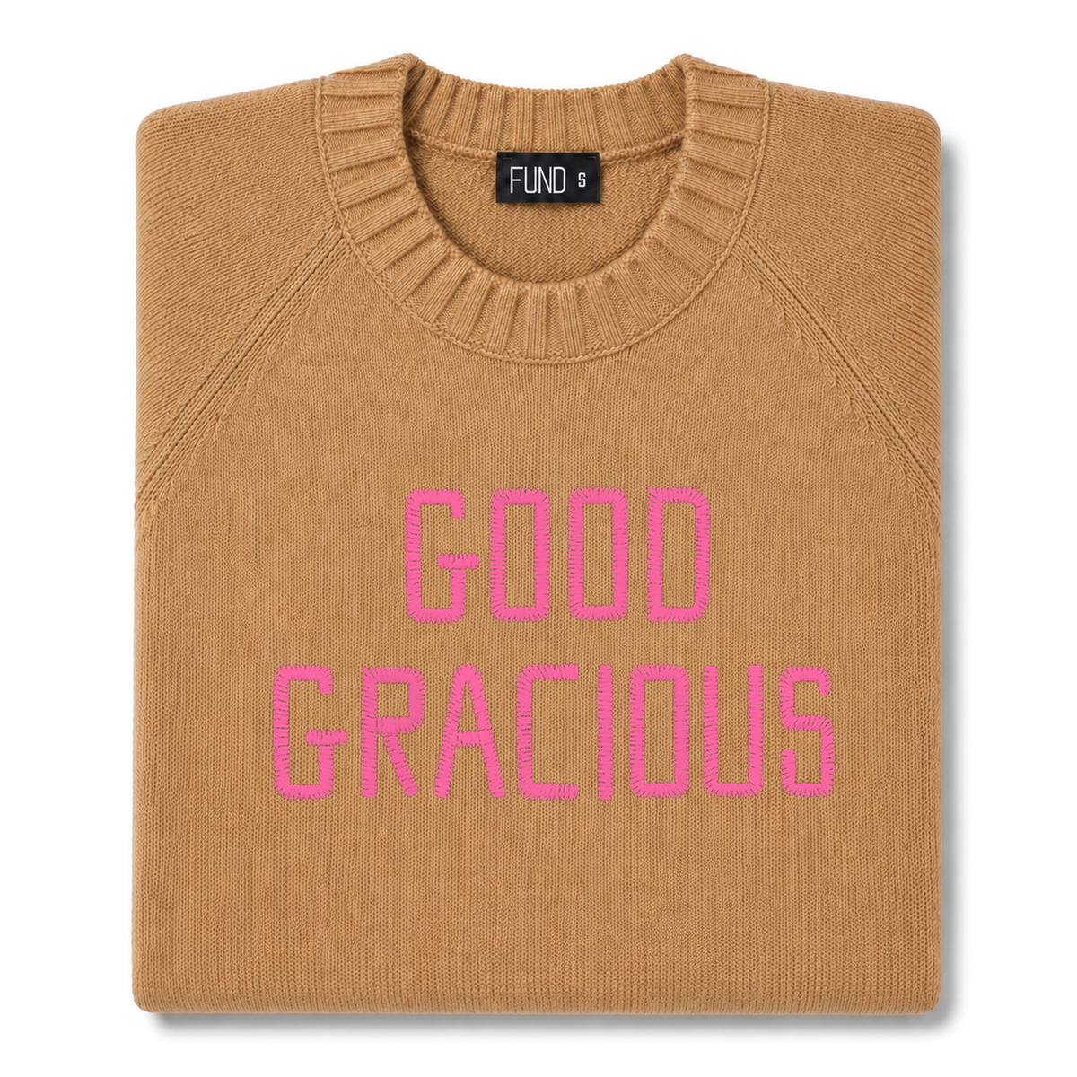 Made-in-England "Good Gracious" Embroidered Jumper Camel/Bright Pink Archive Edit