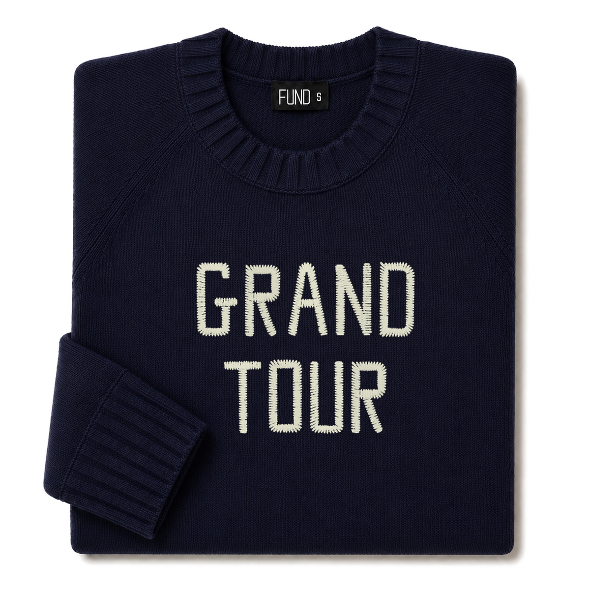 Made-in-England "Grand Tour" Embroidered Jumper in Navy, folded