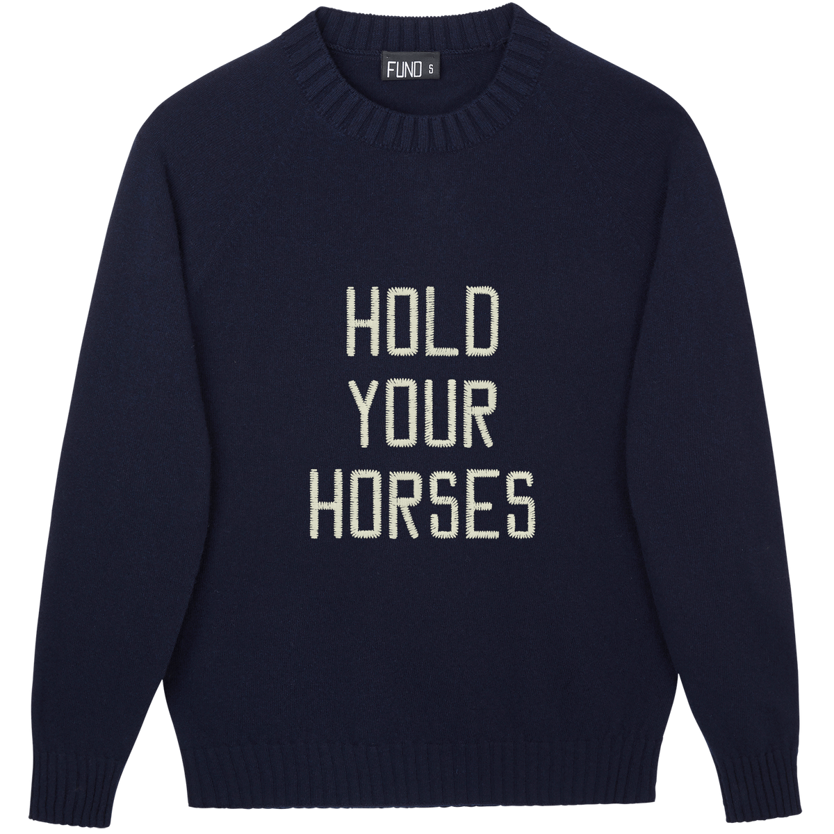 Made-in-England "Hold Your Horses" Embroidered Jumper in Navy