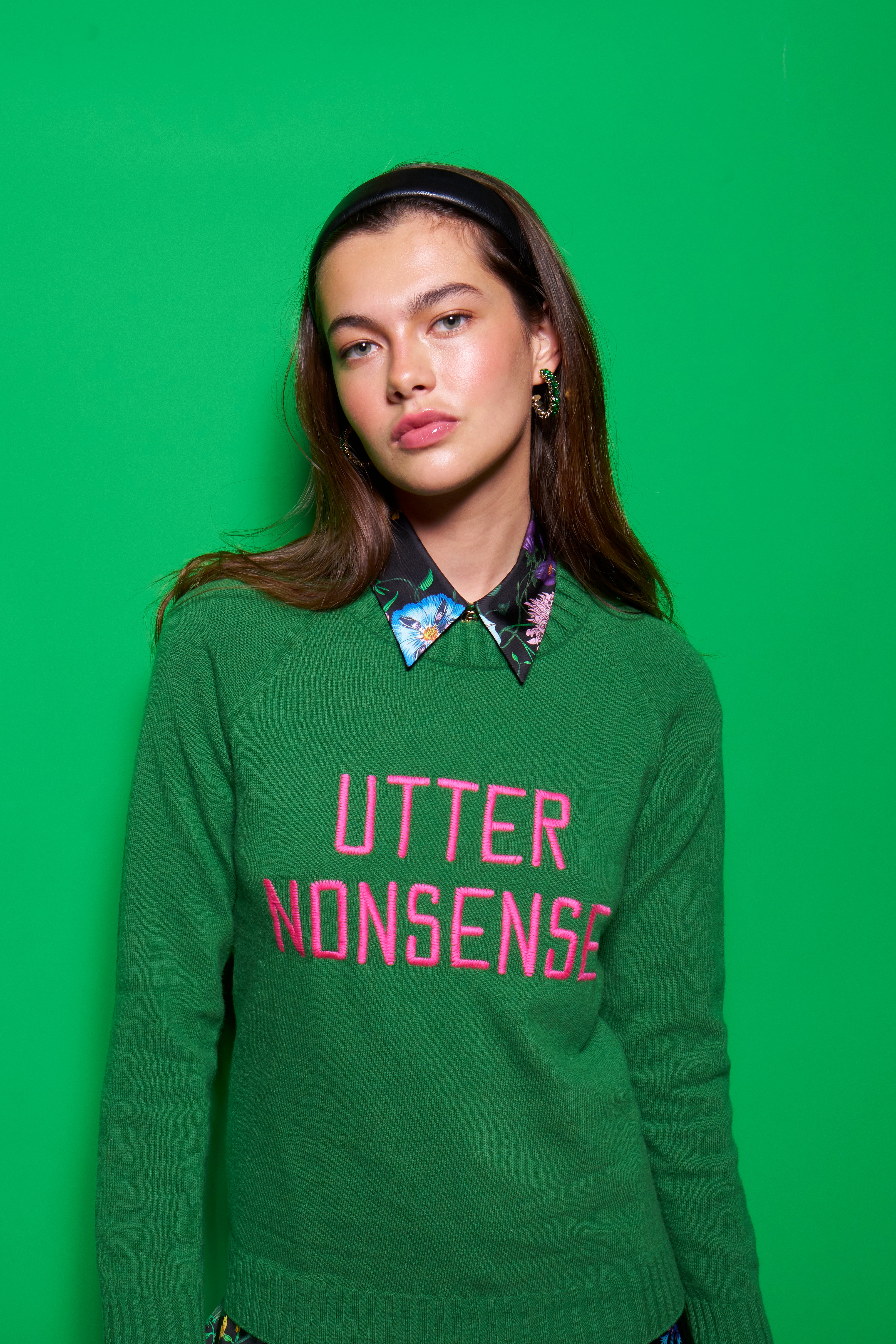 Model wearing a FUND jumper in a size small