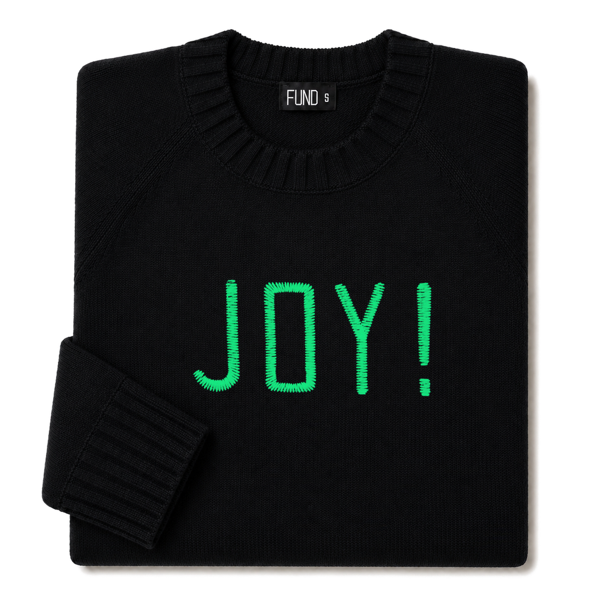 Made-in-England "Joy!" Embroidered Jumper in Black, folded