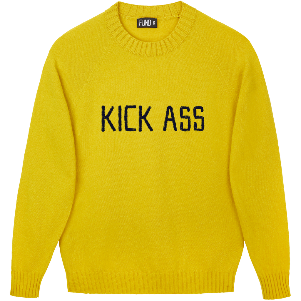 Made-in-England "Kick Ass" Embroidered Jumper Yellow/Navy Archive Edit in Yellow