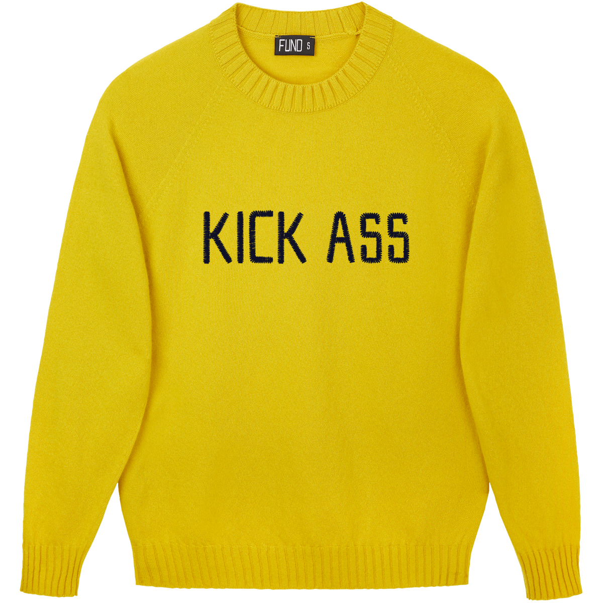 Made-in-England "Kick Ass" Embroidered Jumper Yellow/Navy Archive Edit in Yellow