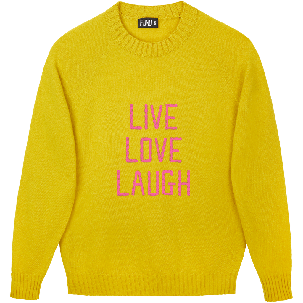 Made-in-England "Live Love Laugh" Embroidered Jumper Yellow/Bright Pink Archive Edit in Yellow