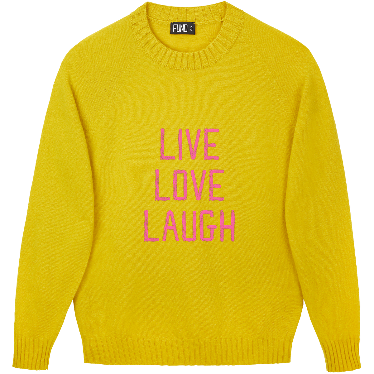 Made-in-England "Live Love Laugh" Embroidered Jumper Yellow/Bright Pink Archive Edit in Yellow