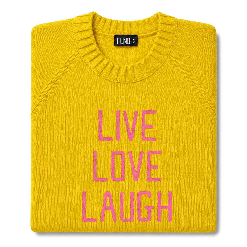 Made-in-England "Live Love Laugh" Embroidered Jumper Yellow/Bright Pink Archive Edit