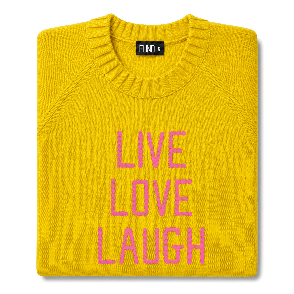 Made-in-England "Live Love Laugh" Embroidered Jumper Yellow/Bright Pink Archive Edit