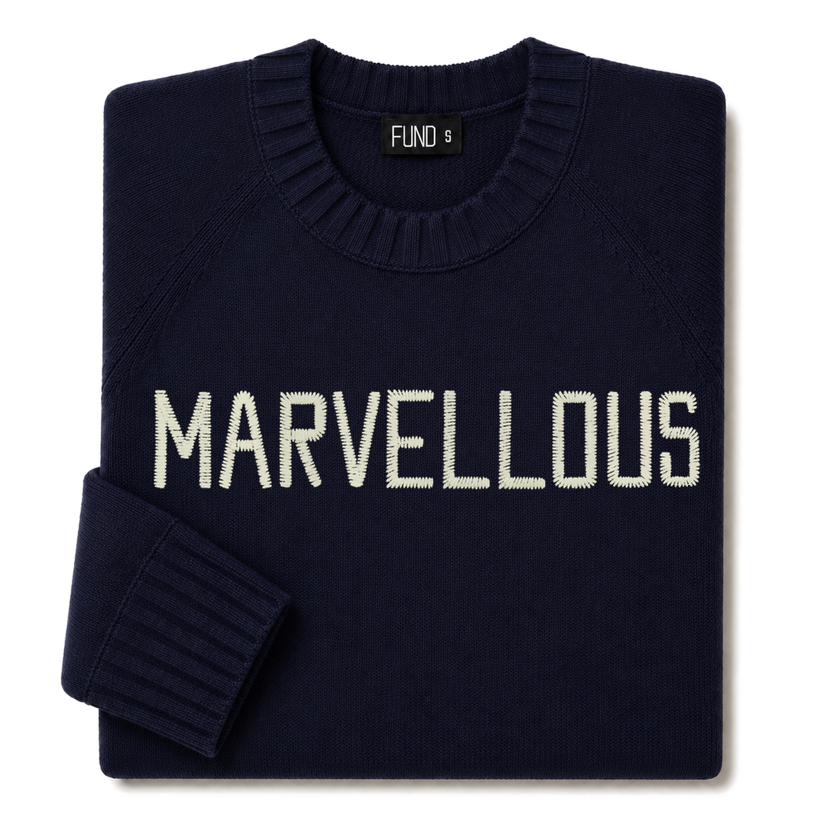 Made-in-England "Marvellous" Embroidered Jumper in Navy, folded