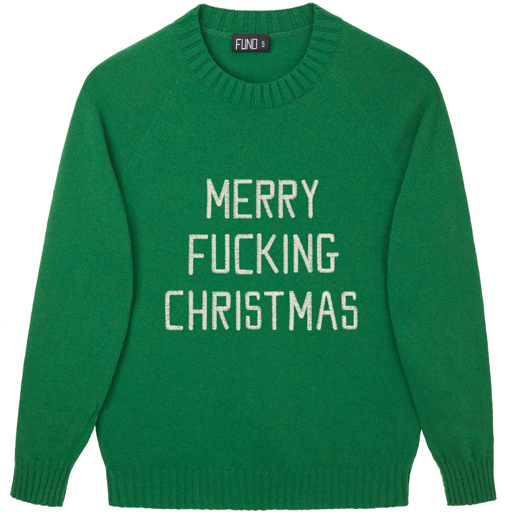 Made-in-England "Merry Fucking Christmas" Embroidered Jumper Green/Ivory Archive Edit in Green