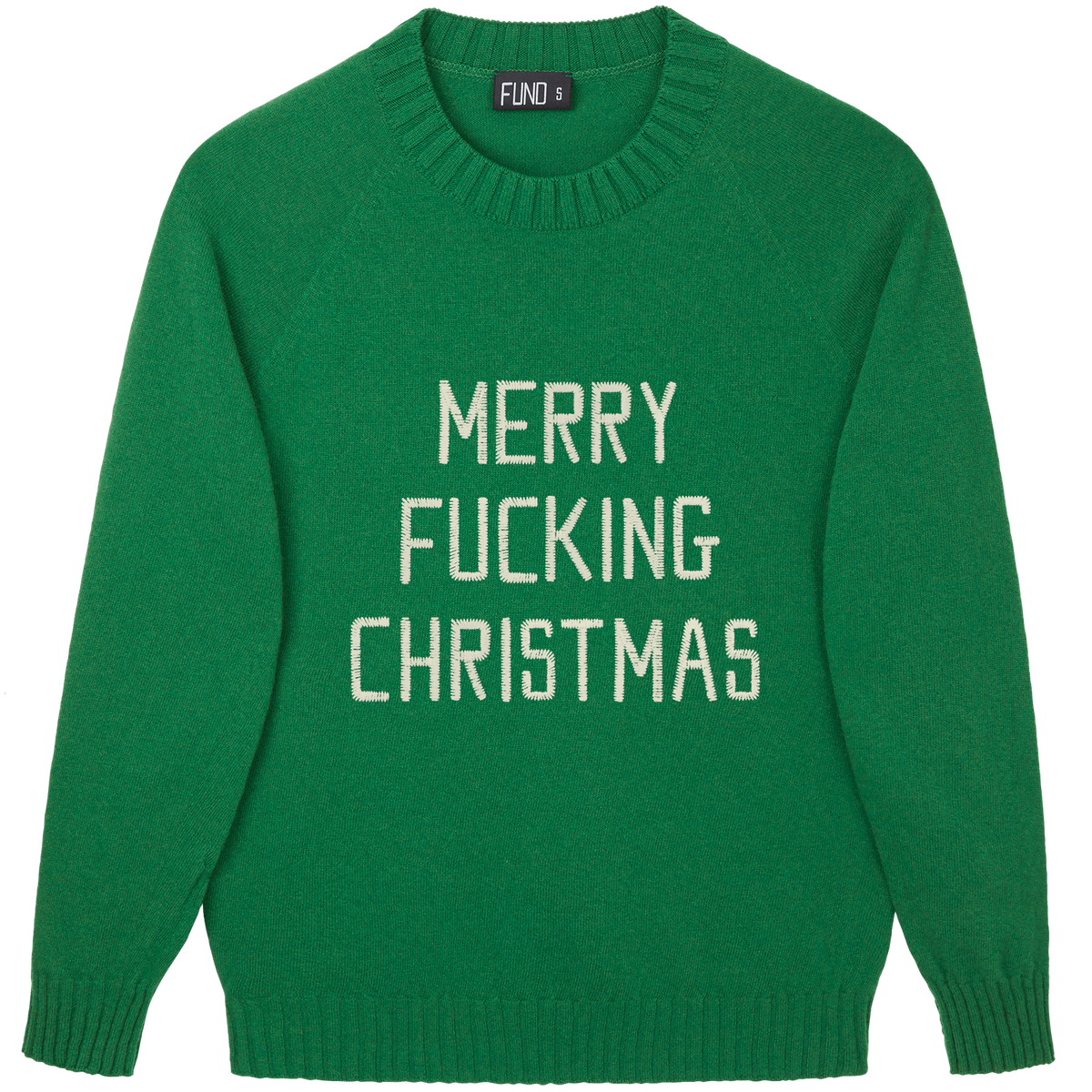 Made-in-England "Merry Fucking Christmas" Embroidered Jumper Green/Ivory Archive Edit in Green