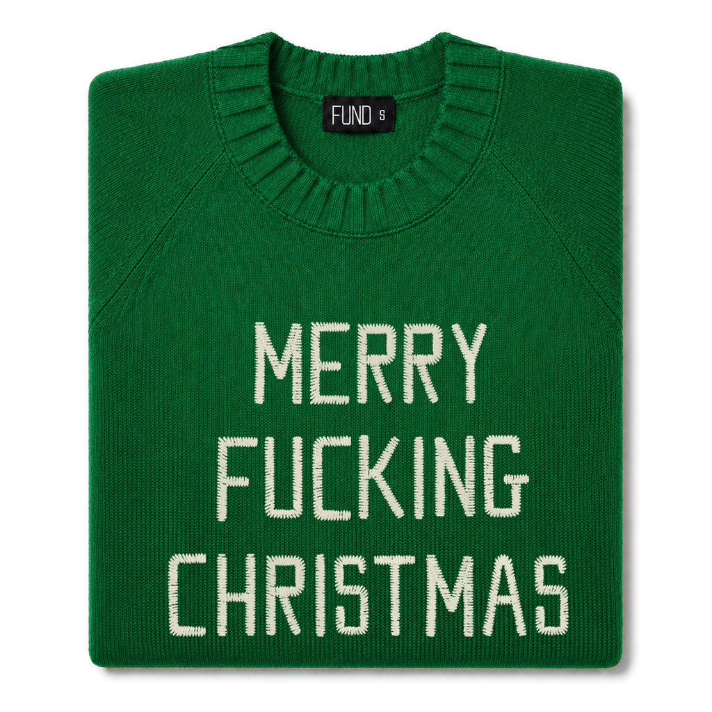 Made-in-England "Merry Fucking Christmas" Embroidered Jumper Green/Ivory Archive Edit