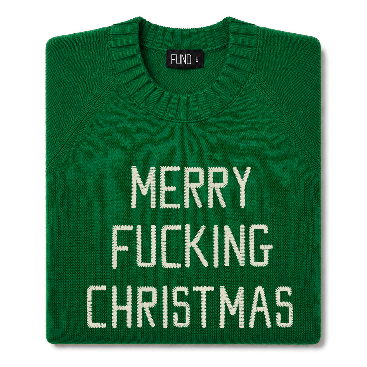 Made-in-England "Merry Fucking Christmas" Embroidered Jumper Green/Ivory Archive Edit