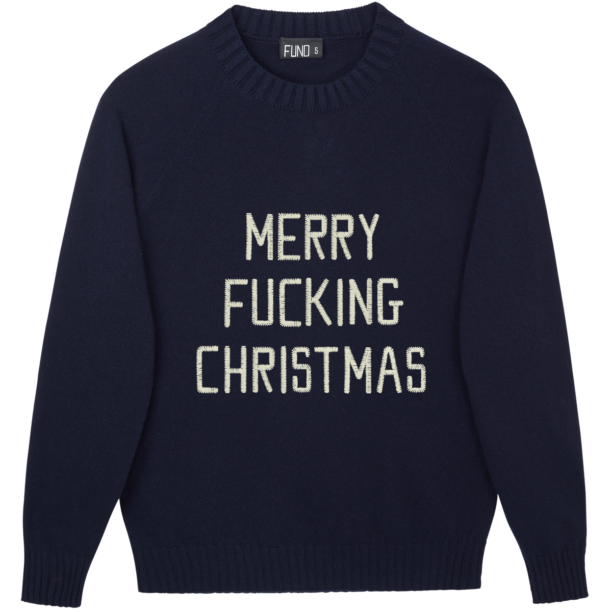 Made-in-England "Merry Fucking Christmas" Embroidered Jumper Navy/Ivory Archive Edit in Navy
