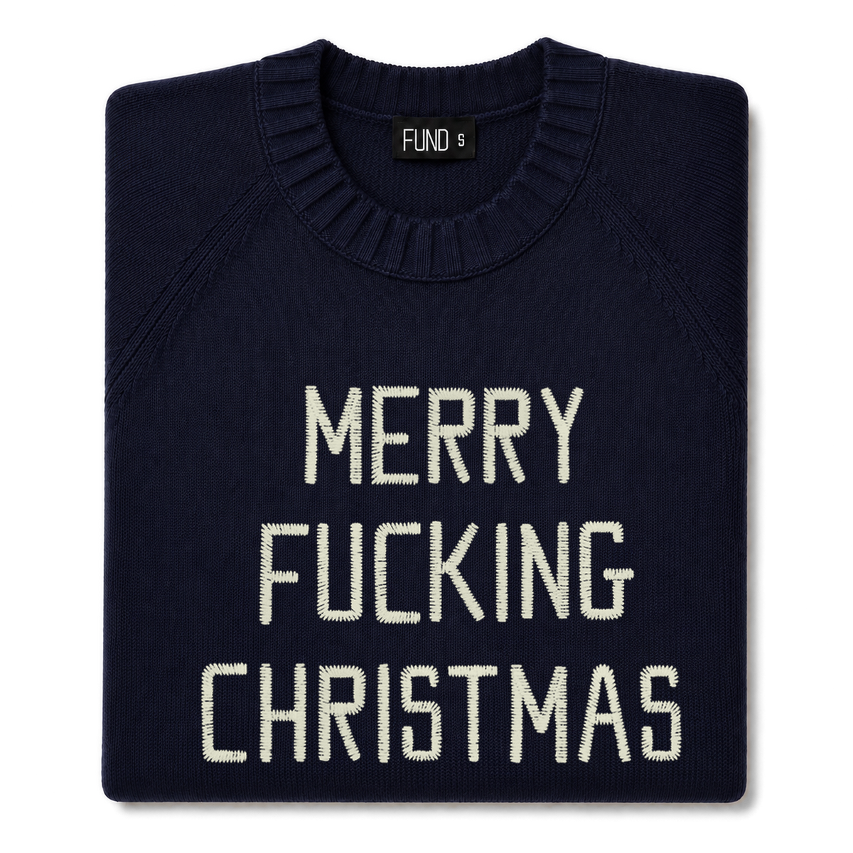 Made-in-England "Merry Fucking Christmas" Embroidered Jumper Navy/Ivory Archive Edit in Navy