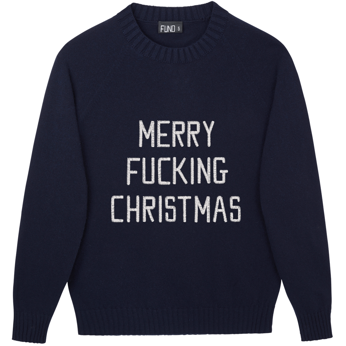 Made-in-England "Merry Fucking Christmas" Embroidered Jumper Navy/Ivory Archive Edit in Navy