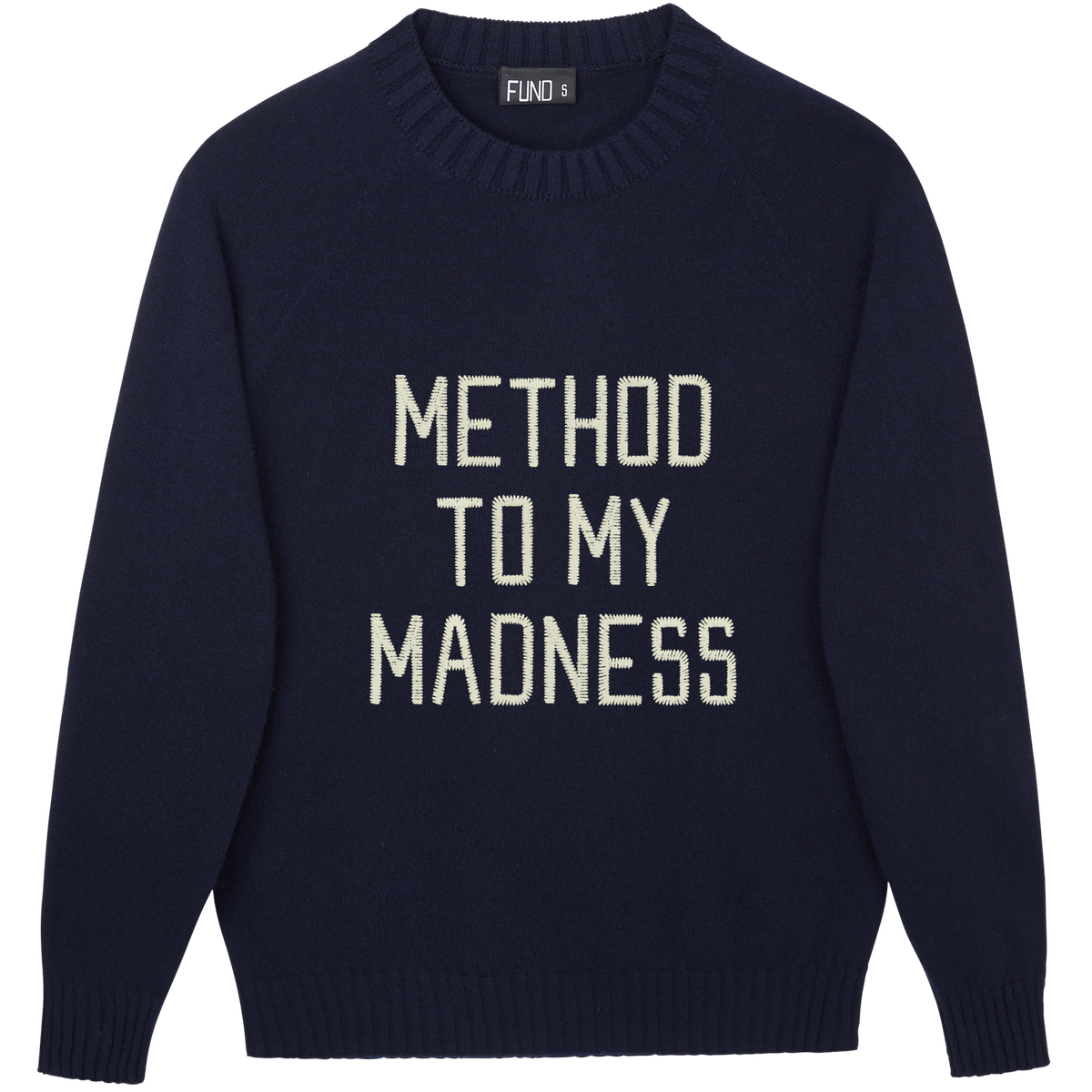 Made-in-England "Method to my Madness" Embroidered Jumper in Navy