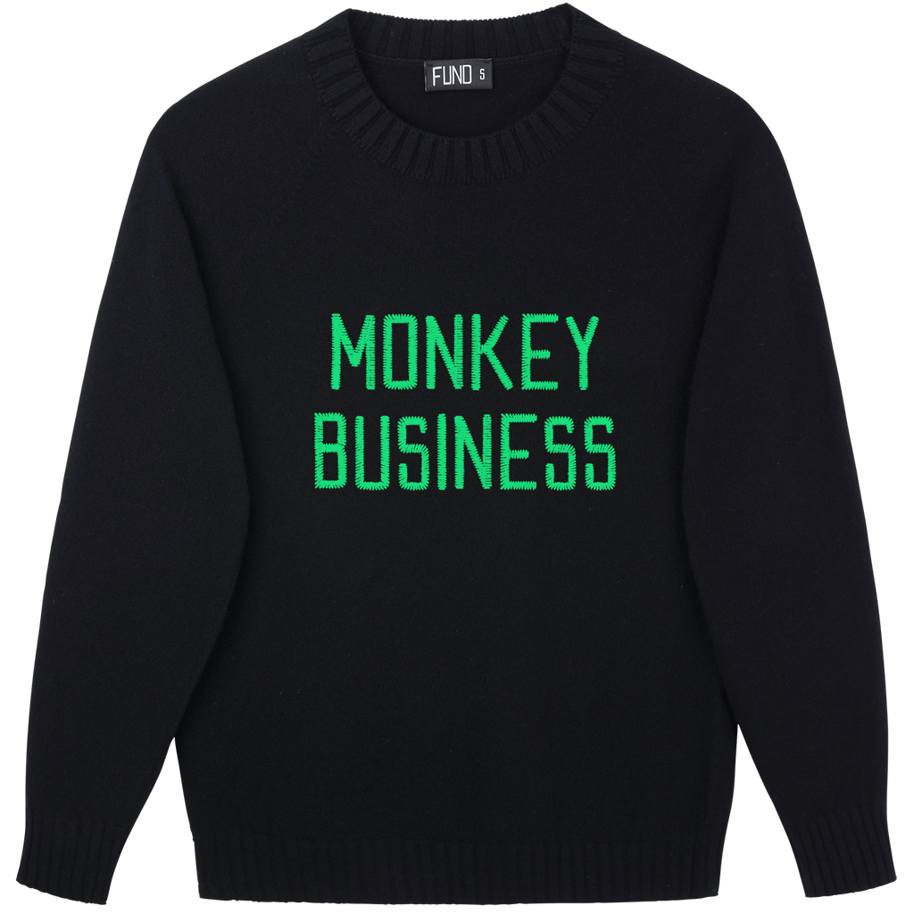 Made-in-England "Monkey Business" Embroidered Jumper Black/Green Archive Edit in Black