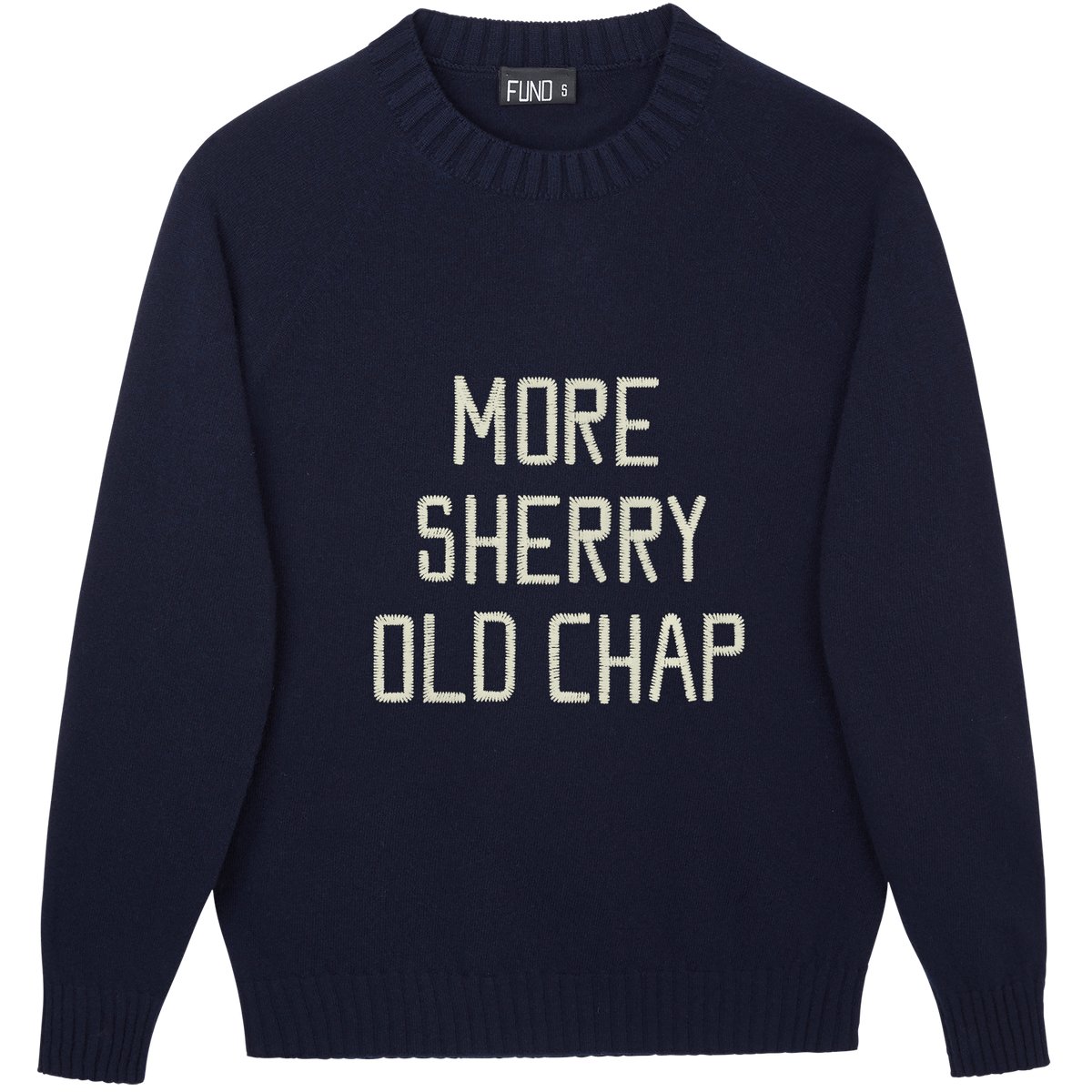Made-in-England "More Sherry Old Chap" Embroidered Christmas Jumper in Navy