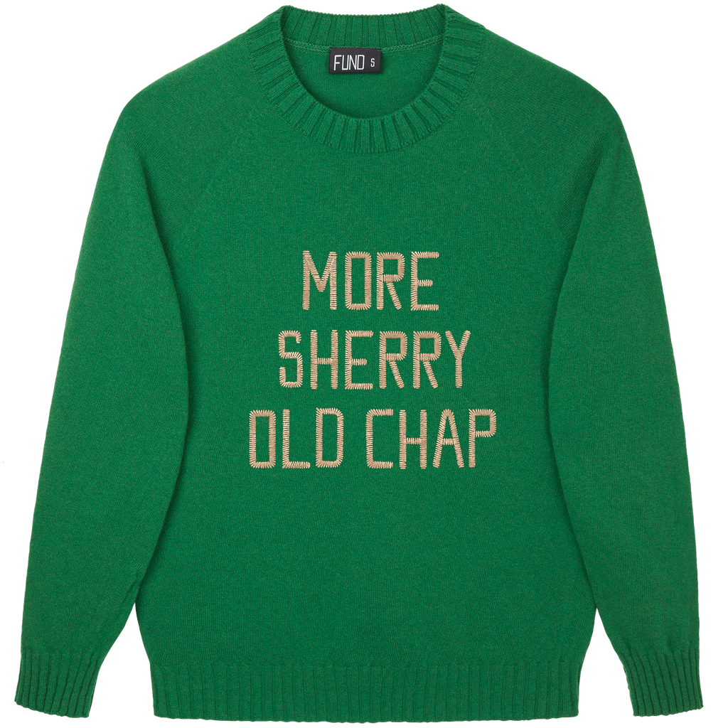 Made-in-England "More Sherry Old Chap" Embroidered Jumper Green/Gold Archive Edit in Green