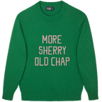 Made-in-England "More Sherry Old Chap" Embroidered Jumper Green/Pale Pink Archive Edit in Green
