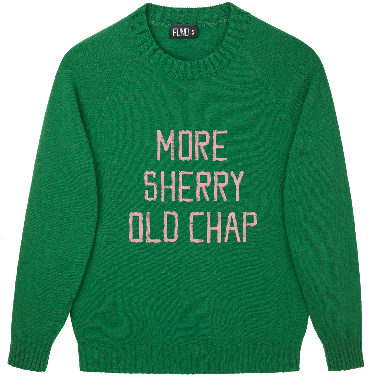 Made-in-England "More Sherry Old Chap" Embroidered Jumper Green/Pale Pink Archive Edit in Green