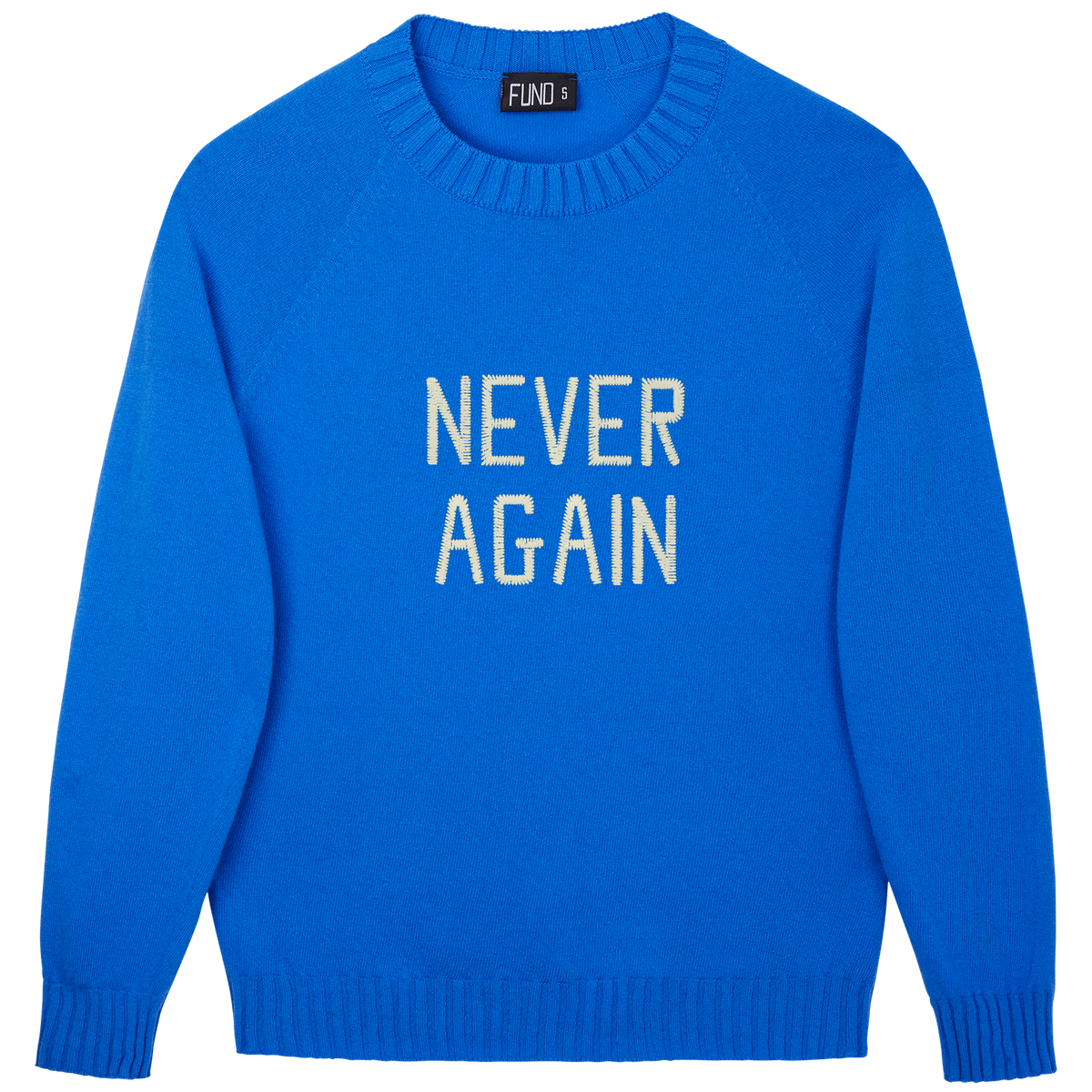 Made-in-England "Never Again" Embroidered Jumper in Bright Blue