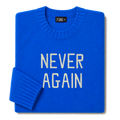 Made-in-England "Never Again" Embroidered Jumper in Bright Blue, folded