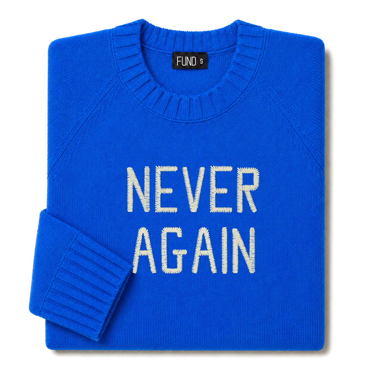 Made-in-England "Never Again" Embroidered Jumper in Bright Blue, folded