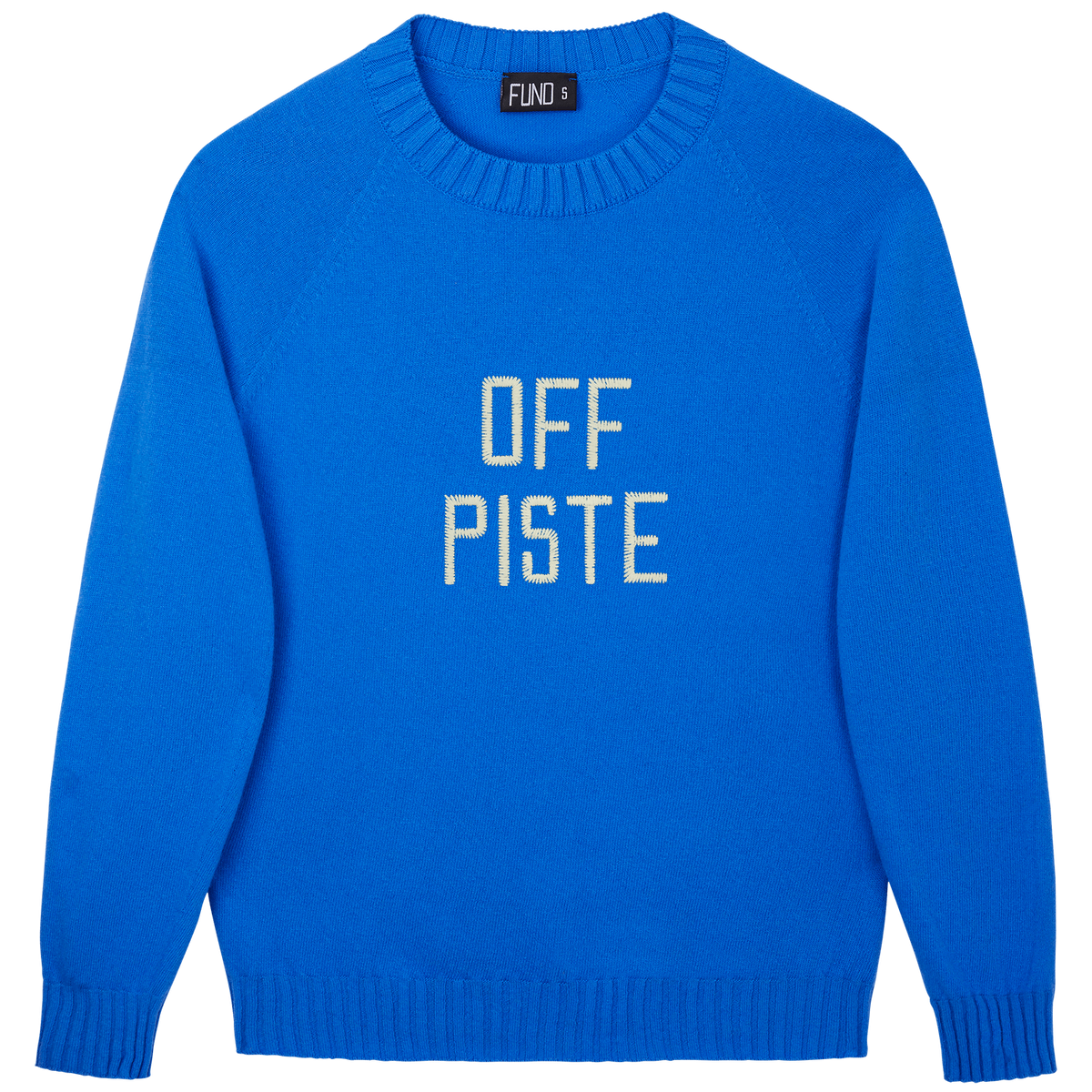 Made-in-England "Off Piste" Embroidered Christmas Jumper in Bright Blue