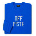 Made-in-England "Off Piste" Embroidered Christmas Jumper in Bright Blue, folded