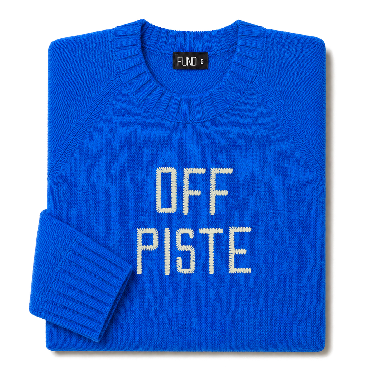 Made-in-England "Off Piste" Embroidered Christmas Jumper in Bright Blue, folded