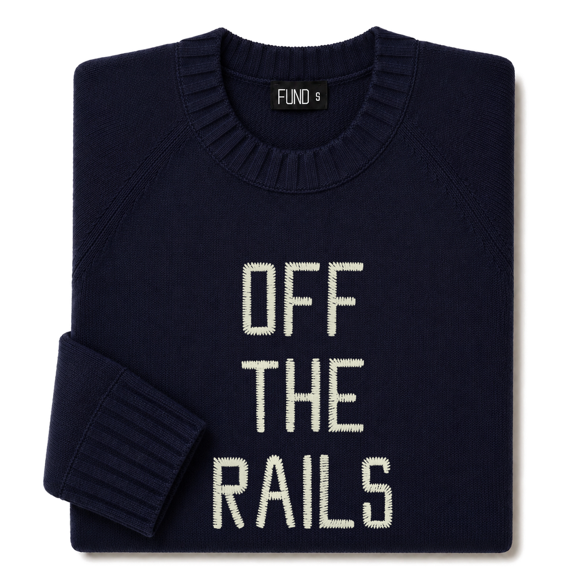 Made-in-England "Off the Rails" Embroidered Jumper in Navy, folded